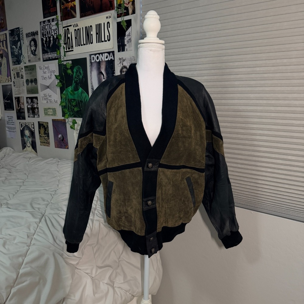 Vintage Canda Leather Suede‎ Bomber Jacket Men's Medium Green Black